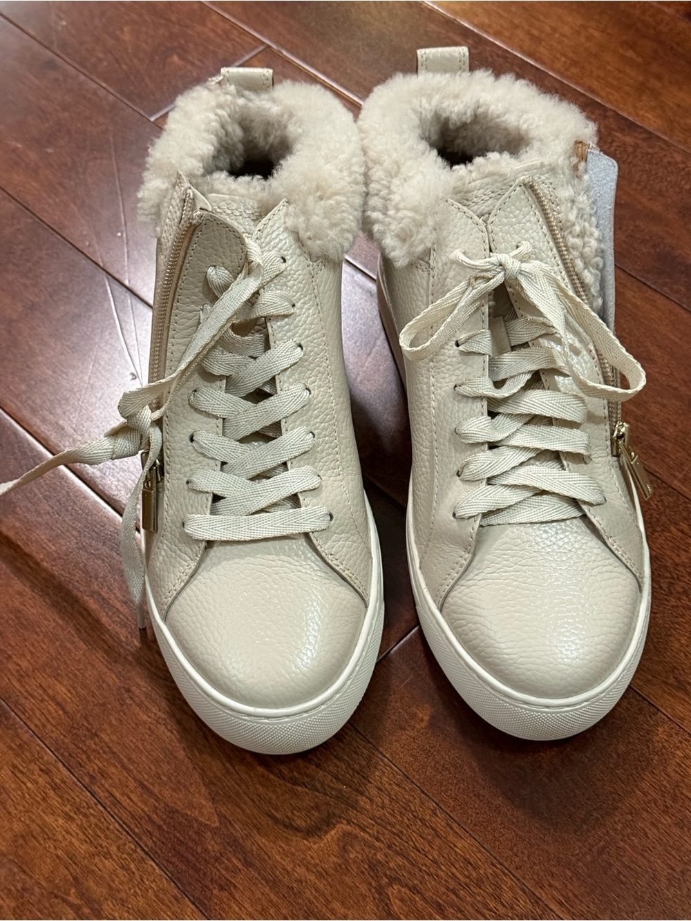 Women’s Cream Faux-Shearling High-Top Lace-Up Sneakers - Picture 4 of 9
